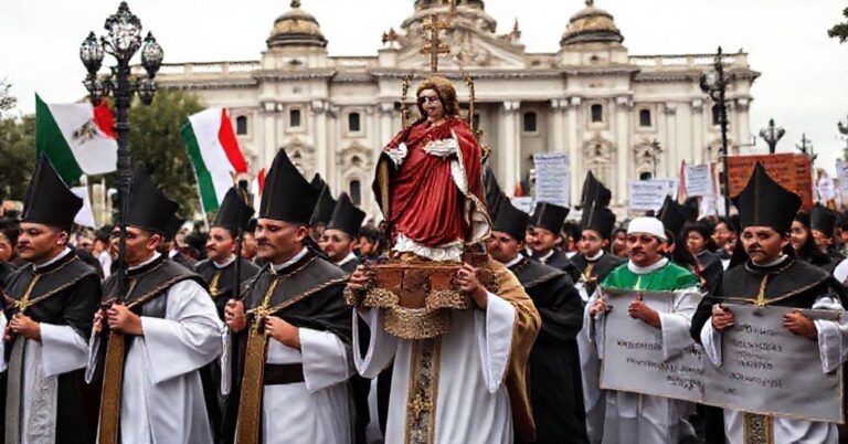 Procesja katolicka w Meksyku przed budynkiem Kongresu z udziałem duchownych i wiernych przeciw cenzurze wypowiedzi religijnych