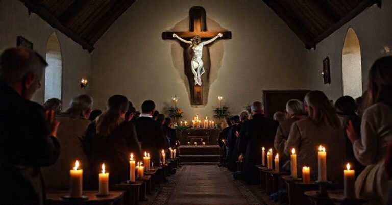 Grupa tradycyjnych katolików modli się w słoweńskiej wsi przed krzyżem w kościele przed eutanazją