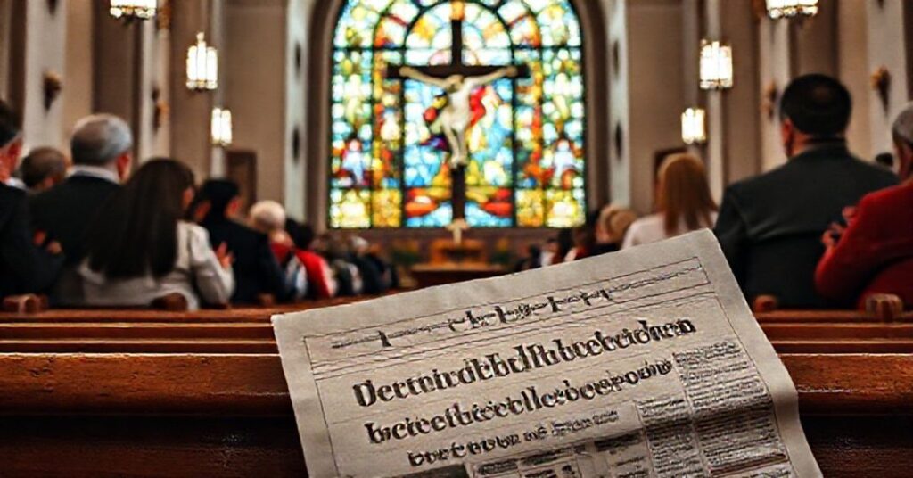 Cmentarz kościelny z tradycyjnymi katolikami modlącymi się za pokój, w tle witraż ze św. Augustynem i Papieżem Piusem XI.