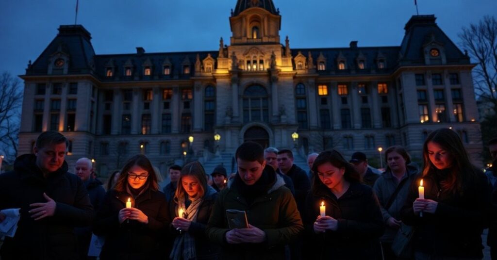 Grupa katolików modli się przed parlamentem kanadyjskim podczas wieczoru z zapalonymi świecami, z spalonym kościołem katoliczym w tle.