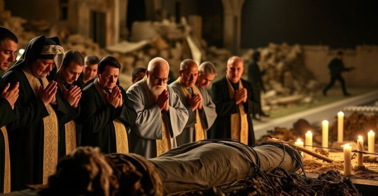 Katy katolicy modląc się przed profanowanymi szczątkami ofiar konfliktu w Gazie, z widocznymi ruiny i militanckim tłem na tle.