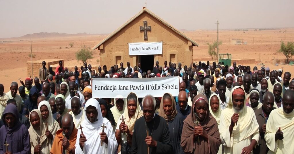 Tradycyjni katolicy modlą się w regionie Sahelu przed kościołem, z troską na twarzach, podczas gdy baner fundacji Jana Pawła II dominuje w tle.