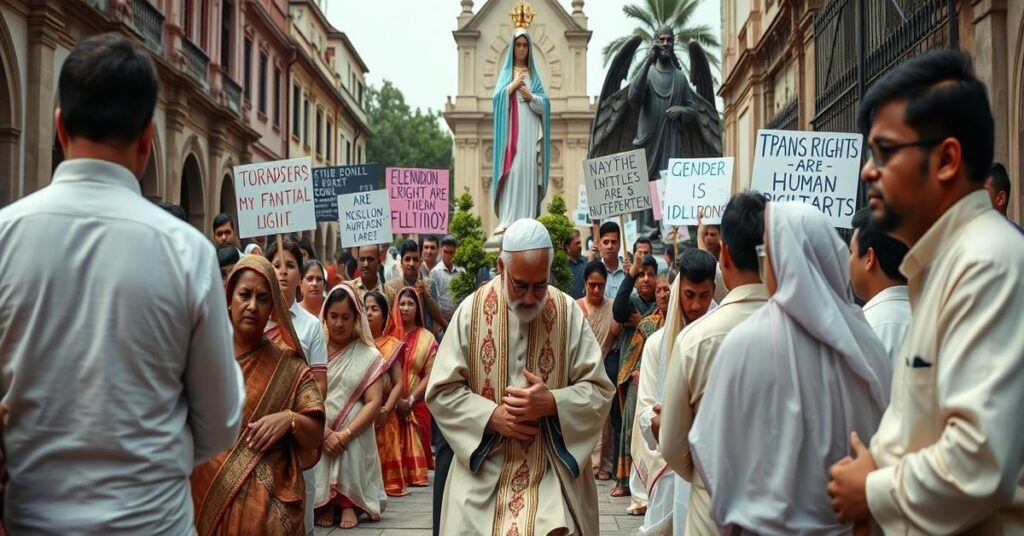 Grupa katolików w tradycyjnych szatach modli się przed rzeźbą Matki Bożej z Fatimy na tle protestu aktywistów LGBT w Indiach.