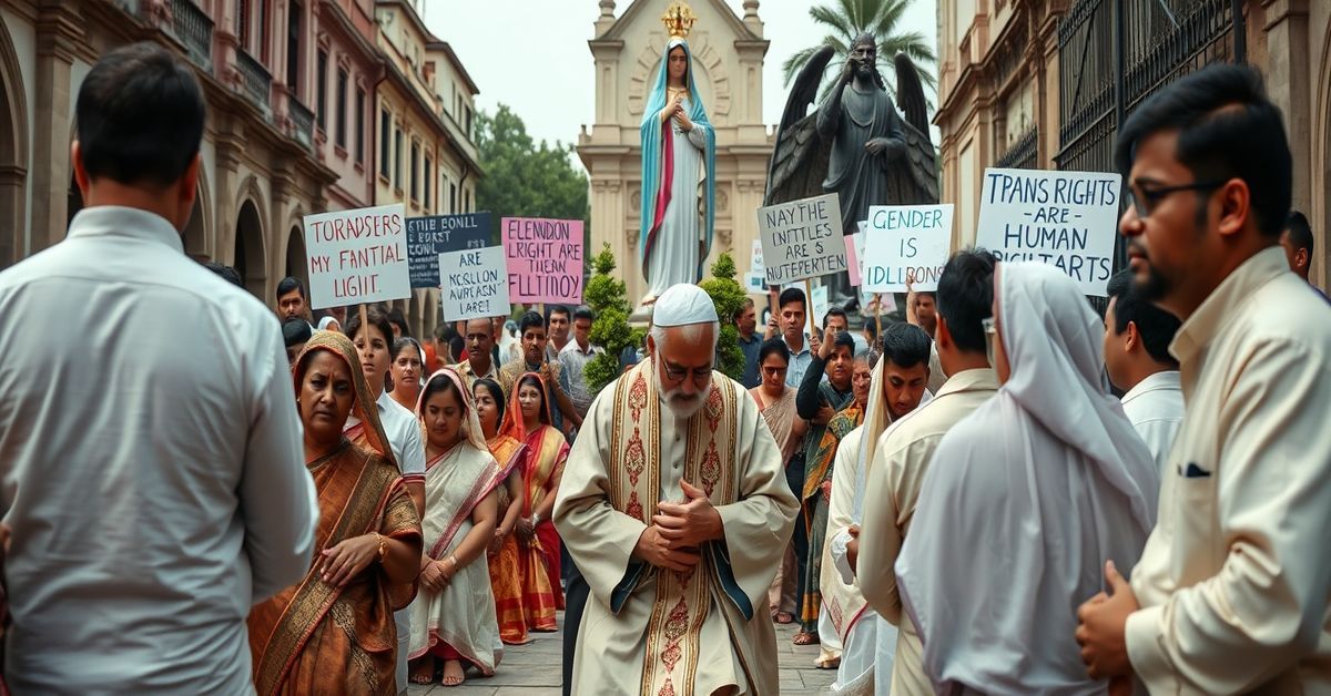 Katolicy modlą się na tle protestu LGBT w Indiach Grupa katolików w tradycyjnych szatach modli się przed rzeźbą Matki Bożej z Fatimy na tle protestu aktywistów LGBT w Indiach.
