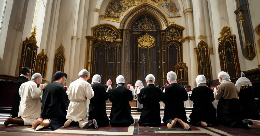 Zbierający się katolicy modlący się różańcem na znak naprawy po zakazie poręczy ołtarzowych i klęczników przez biskupa Martina w Charlotte.