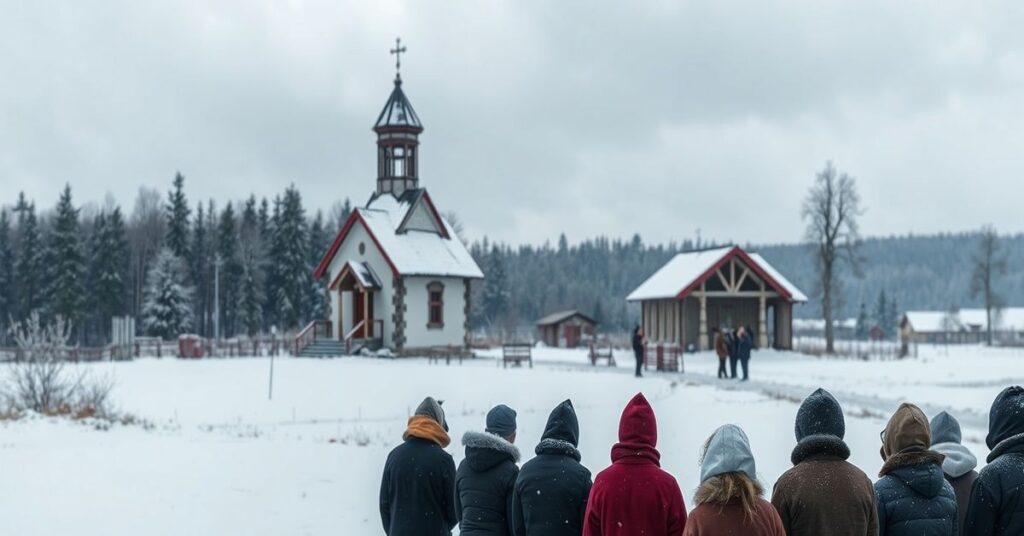 Grupa katolików modląca się na zewnątrz kościoła w czasie silnego mrozu w północno-wschodniej Polsce.