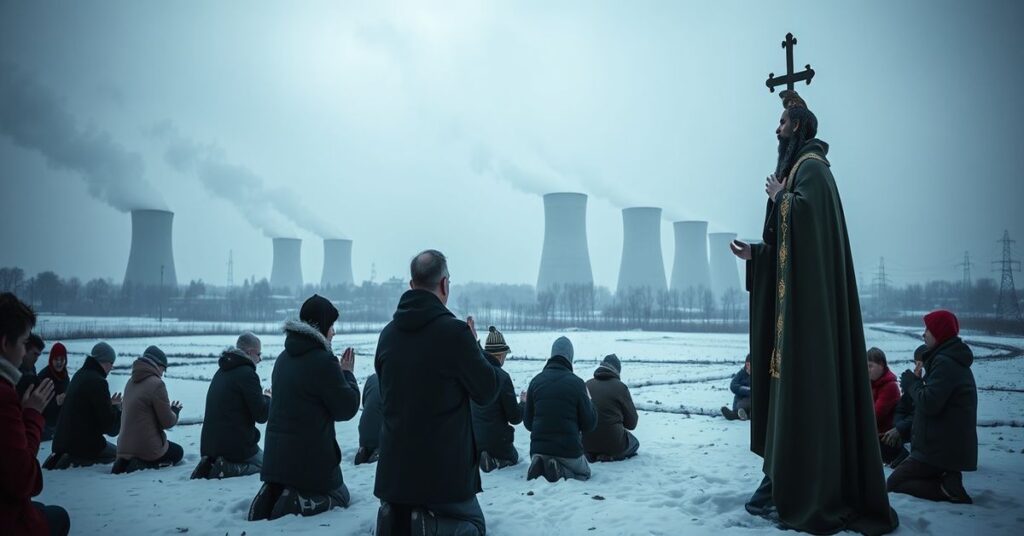 Zimowy pejzaż w Polsce z katolikami modlącymi się podczas ekstremalnego mrozu