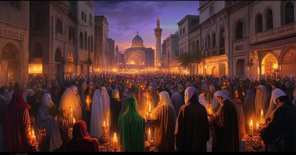 Obraz przedstawiający upadek teokracji w Iranie z postacią katolickiej modlitwy na pierwszym planie.