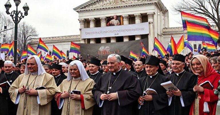 Grupa katolików modli się przed budynkiem Sądu Najwyższego z transparentem 'Chrystus Król' podczas protestu przeciw legalizacji małżeństw homoseksualnych.