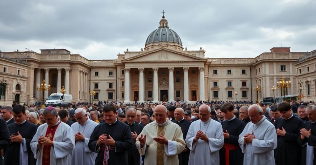 Grupa katolików modli się przed budynkami rządowymi w Kanadzie, symbolizując walkę o wolność religijną