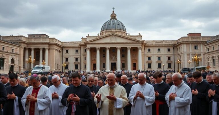 Grupa katolików modli się przed budynkami rządowymi w Kanadzie, symbolizując walkę o wolność religijną