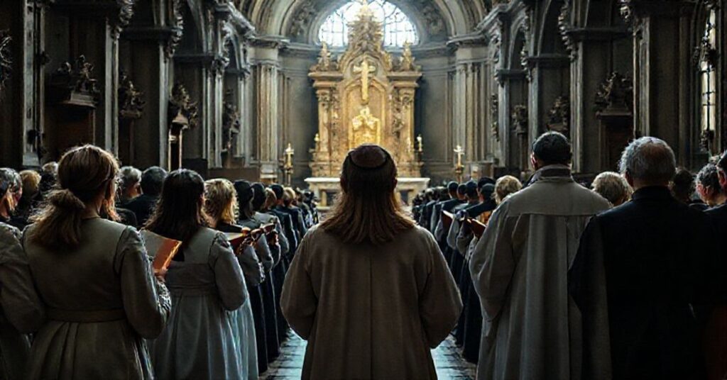 Grupa katolików modli się w opuszczonym kościele, symbolizując brak autentycznego duchowego przywództwa