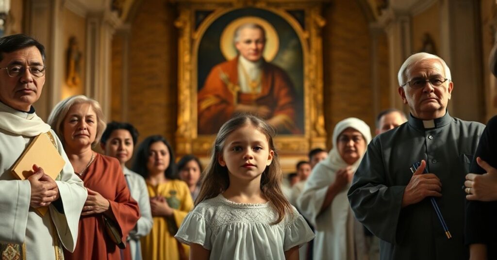 Tradycyjna katolicka scena liturgiczna z rodzicami i duchownymi modlącymi się przeciw ideologii gender