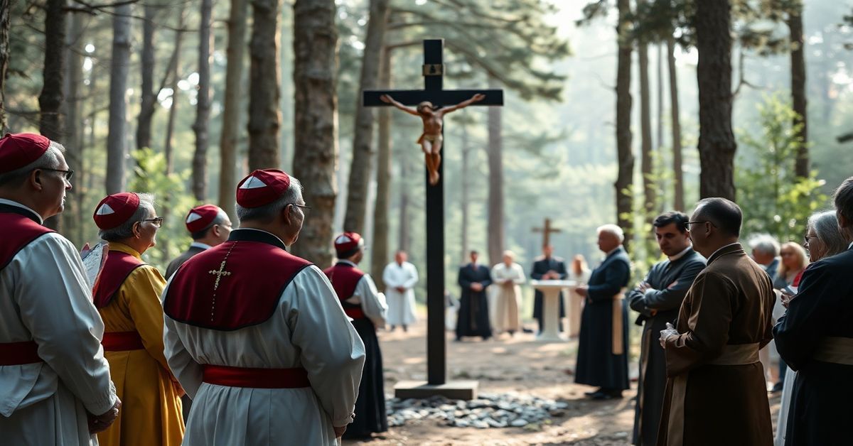 Grupa katolików w tradycyjnych strojach modli się w lesie przed krzyżem, podkreślając kontrast między prawdziwym kultem a światowymi ideami ekologicznymi