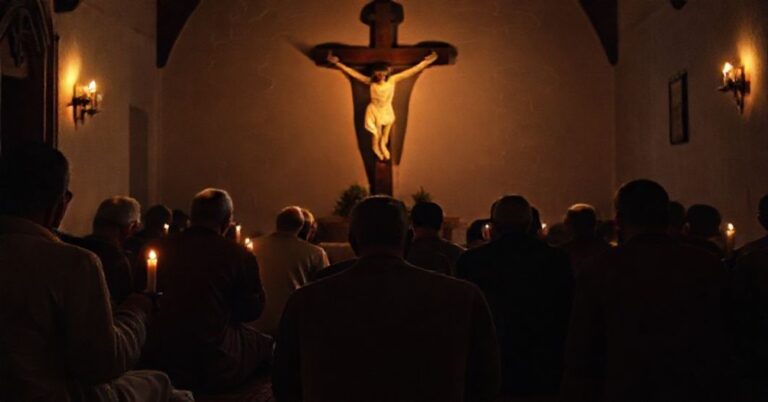 Kapelanka z tradycyjnymi katolikami modlącymi się przed krucyfiksem przy świetle świec. Scena symbolizuje wiarę i opór wobec nowoczesnych zdeprawowanych idei.