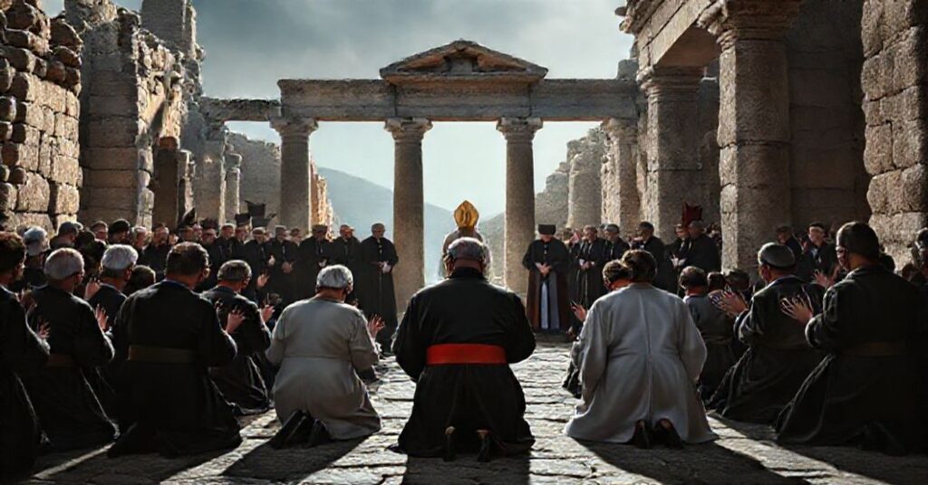 Prawowierni katolicy modląc się w ruinach historycznych w Turcji podczas wizyty antypapieża Leona XIV.