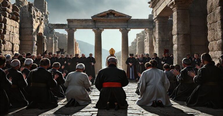 Prawowierni katolicy modląc się w ruinach historycznych w Turcji podczas wizyty antypapieża Leona XIV.