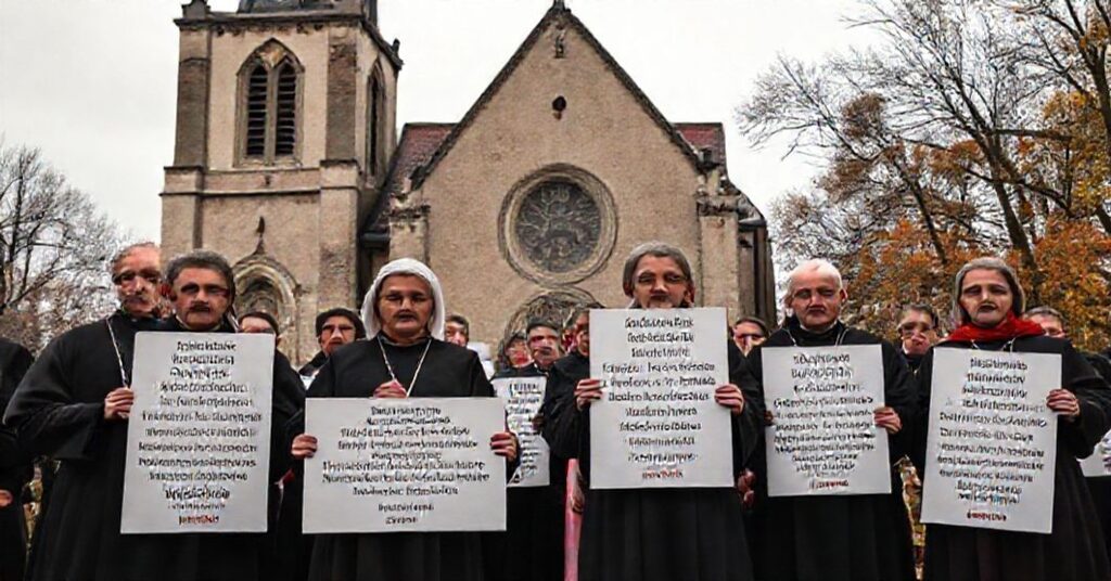 Grupa katolików w tradycyjnych strojach stojących przed kościołem z transparentami o prawdzie historycznej wobec fałszywych oskarżeń Yad Vashem.