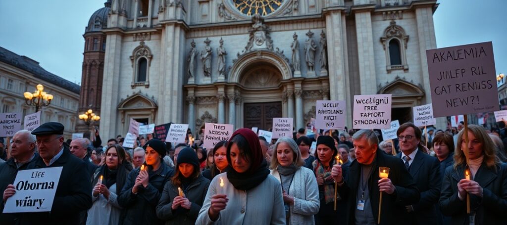 Grupa katolików modli się i protestuje przed katedrą przeciwko pro-LGBT raportowi synodalnemu.