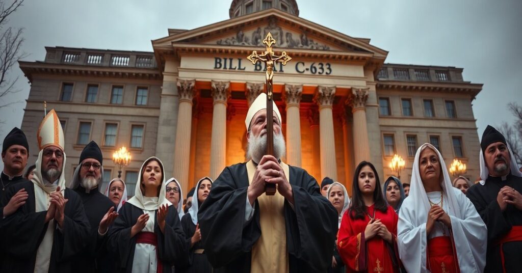 Grupa katolików modląca się przed budynkiem rządowym z napisem „Bill C-63”, wyrażając opór przeciwko cenzurze internetowej.