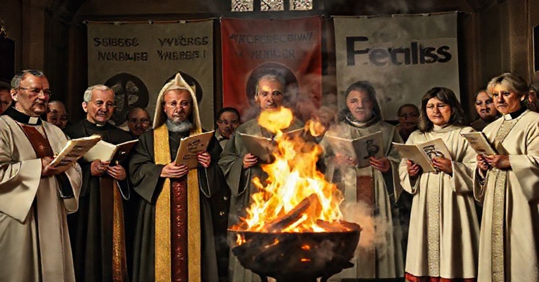 Grupa katolików palących książki z heretyckimi treściami podczas targów wydawniczych w kościele.