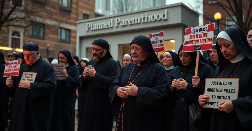 Grupa tradycyjnych katolików modli się przed kliniką Planned Parenthood, protestując przeciwko programowi 'Just In Case Abortion Pills'.