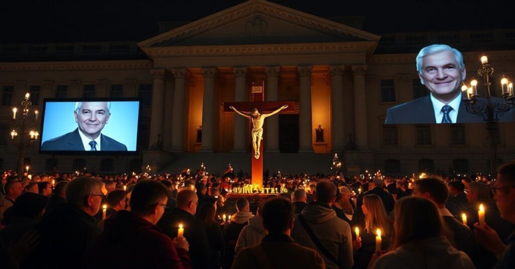 Grupa katolików modli się różańcem przed budynkiem rządowym w Kanadzie, protestując przeciw cyfrowej tyranii