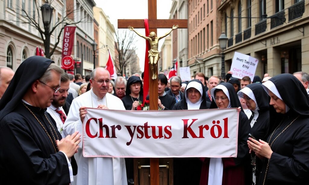 Grupa wiernych katolików modli się i protestuje przeciwko antychrześcijańskiemu Bill C-9