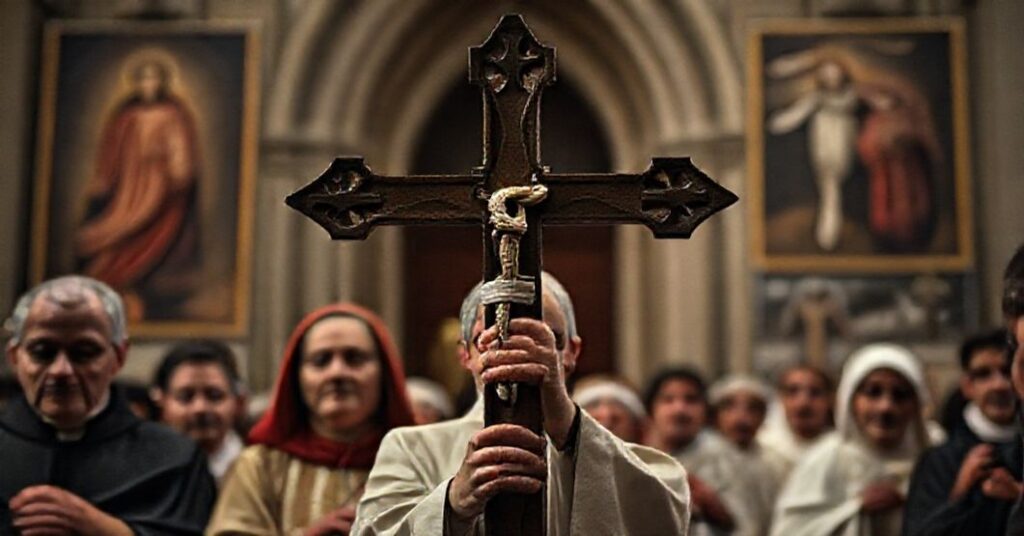 Grupa katolików trzymająca krzyż procesyjny przed kościołem, wyrażająca żal i oburzenie wobec bluźnierczej wystawy w Wiedniu.
