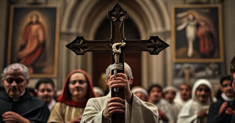 Grupa katolików trzymająca krzyż procesyjny przed kościołem, wyrażająca żal i oburzenie wobec bluźnierczej wystawy w Wiedniu.