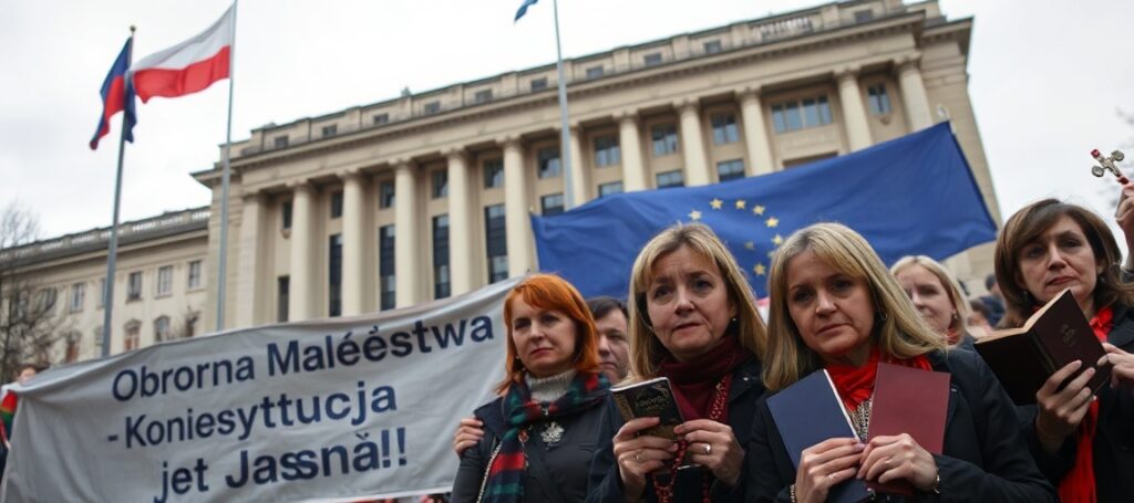 Zmęczona grupa katolików modlący się przed ratuszem w Warszawie przeciwko legalizacji związków jednopłciowych.