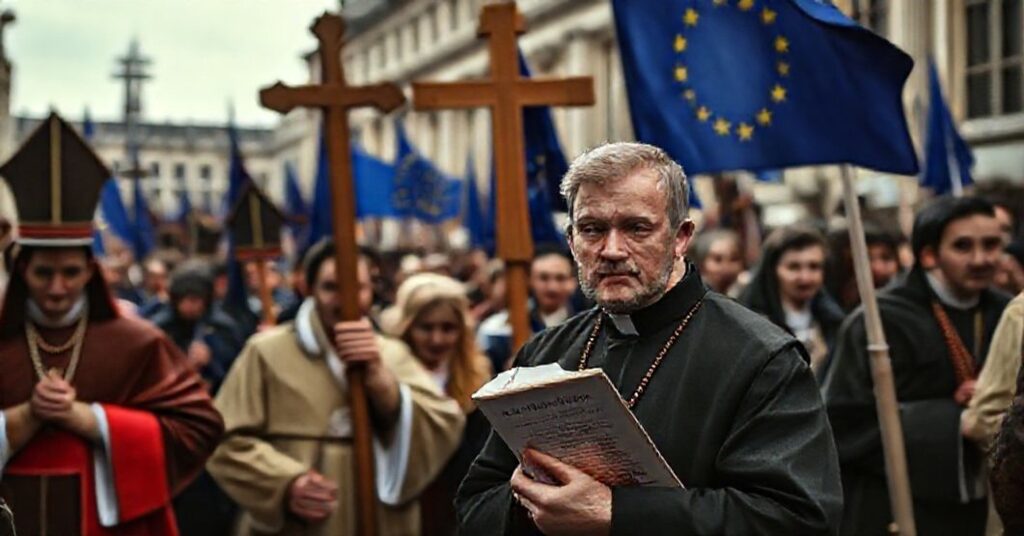 Pielgrzymi katolicy na modlitwie przed Parlamentem Europejskim w Brukseli