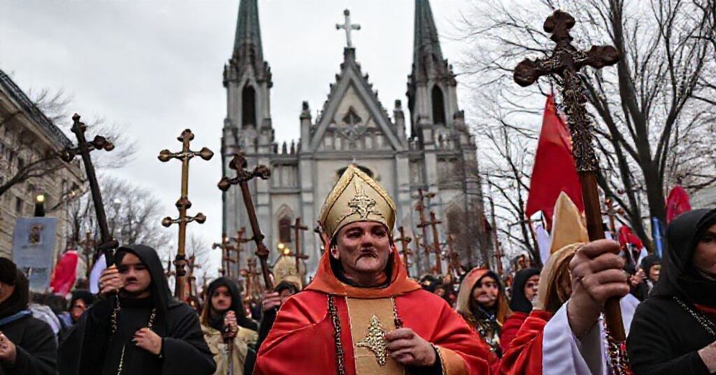 Procesja katolicka w Quebecu z Arcybiskupem Christian Lépine odmawiającym modlitwy różańcowej, symbolizująca opór wiernych wobec antyreligijnych ustaw rządu Quebecu.