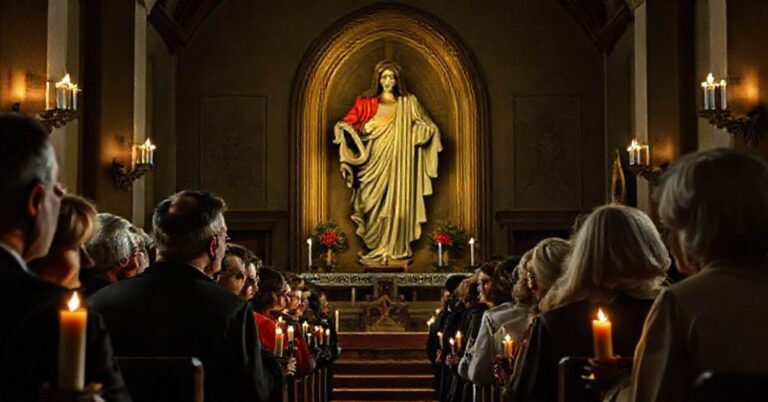 Zdjęcie przedstawiające grupę katolików w tradycyjnym kościele, reagujących z oburzeniem na wieść o protestanckim spektaklu erotycznym.