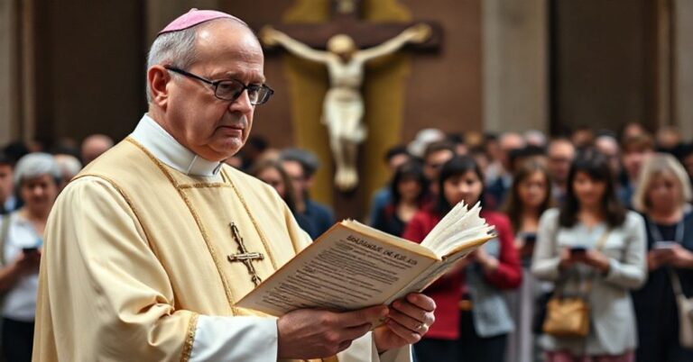 Książ w tradycyjnym stroju liturgicznym przed krzyżem, czytający Syllabus błędów; na tle indyferentna masa katolików. Kryzys relatywizmu doktrynalnego w Kościele.