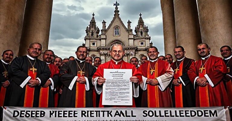 Grupa tradycyjnych katolików w habitach przed katedrą potępiająca dokument neoepiskopatu o imigracji