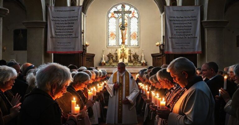 Grupa katolików w kościele modli się za życie podczas referendum o wspomaganym samobójstwie w Słowenii
