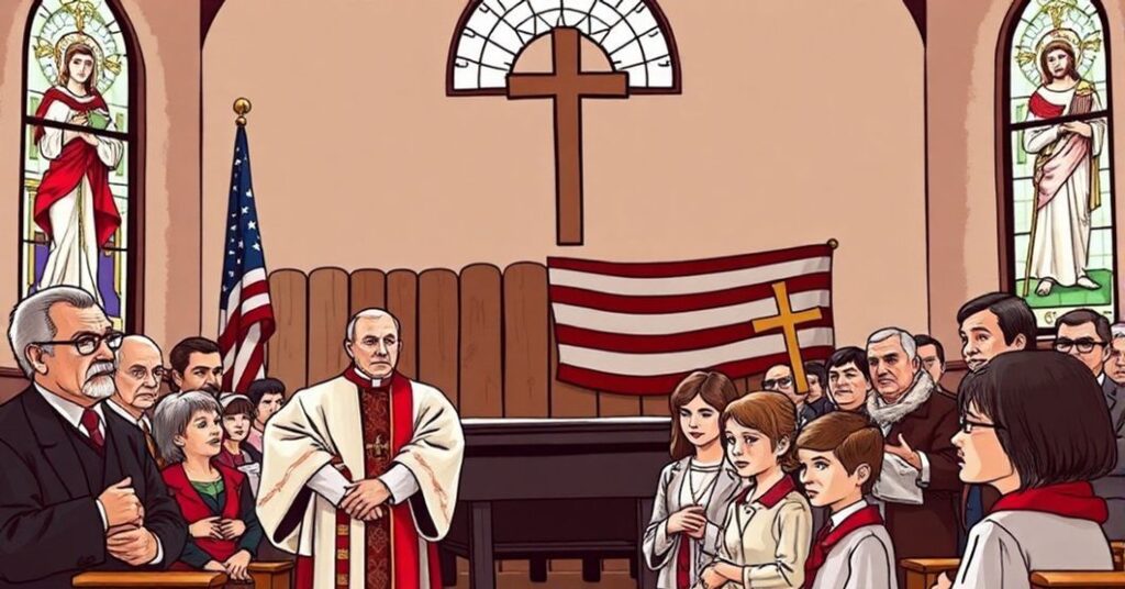 Grupka katolików z uwagą słuchających wypowiedzi "arcybiskupa" Paula Coakleya w kościele z witrażami przedstawiającymi Chrystusa-Króla na tle amerykańskiej flagi.