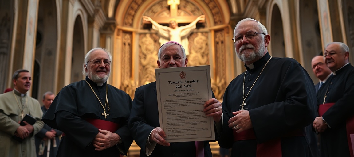 Tradycyjni katolicy stają w uroczyście przed katedrą, trzymając dekret z Watykanu o synodalności z 2026 r. na tle krzyża.