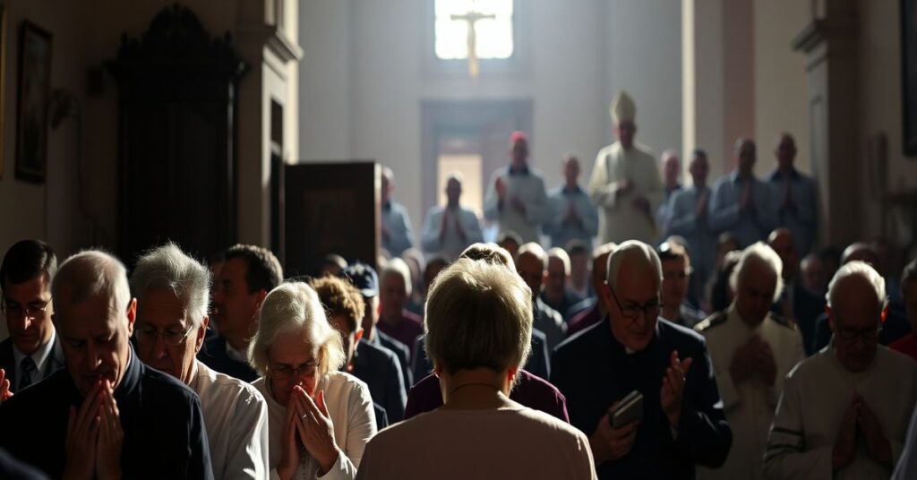 Obraz przedstawiający modlące się katolików tradycji w kontrastzie z modernistycznymi „biskupami” Argentyny podczas upamiętnienia Jorge Bergoglio. Scena pełna smutku i zdradzonej wiary.