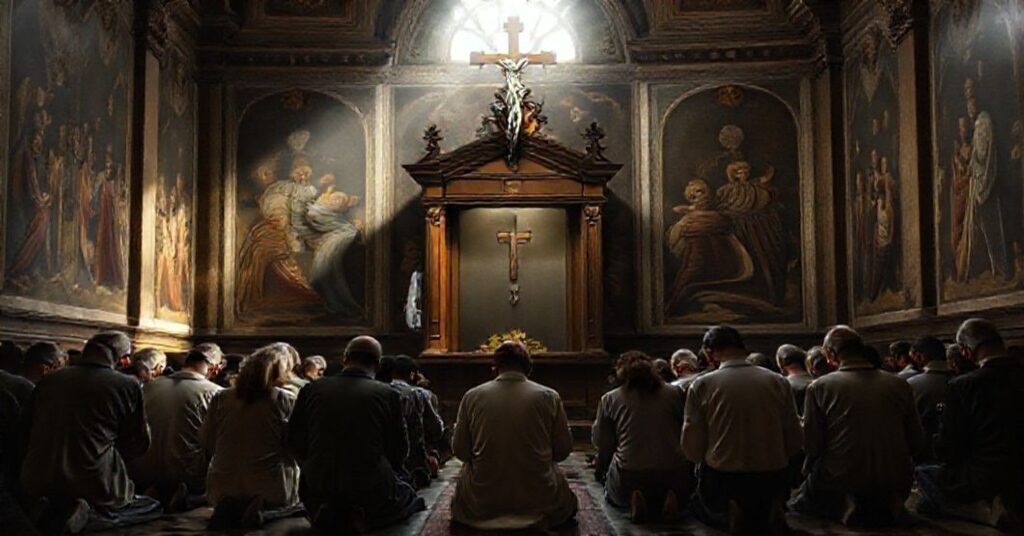 Tradycyjni katolicy modlący się w kaplicy baroku z krzyżem nad spowiednikiem.