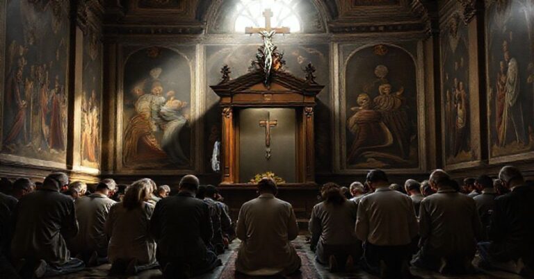 Tradycyjni katolicy modlący się w kaplicy baroku z krzyżem nad spowiednikiem.