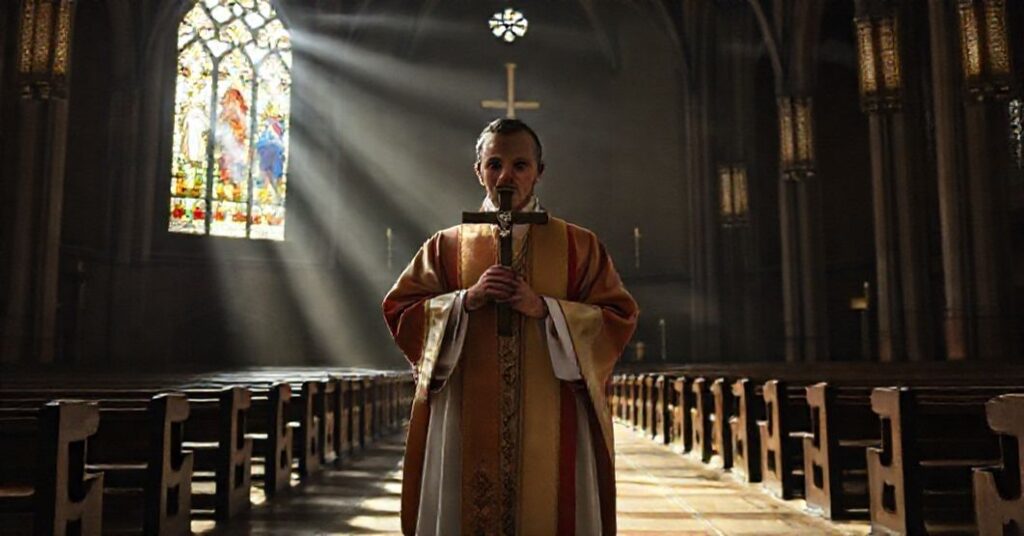 Tradycyjny ksiądz katolicki w ornaty stoi w pustym luterańskim kościele z krzyżem w ręku, symbolizujący dramatyczne wydarzenie w Monachium