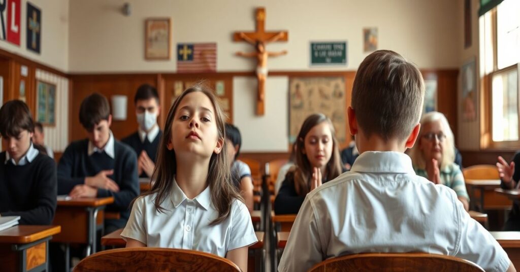 Katycycy uczniowie modlący się w tradycyjnej szkole publicznej w USA przy widoku krzyżą.