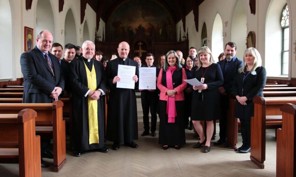 Grupa wiernych katolików pod przewodnictwem ks. Tomasza Idergarda SJ w tradycyjnym szwedzkim kościele z dokumentem o katolickich zasadach w wyborach.
