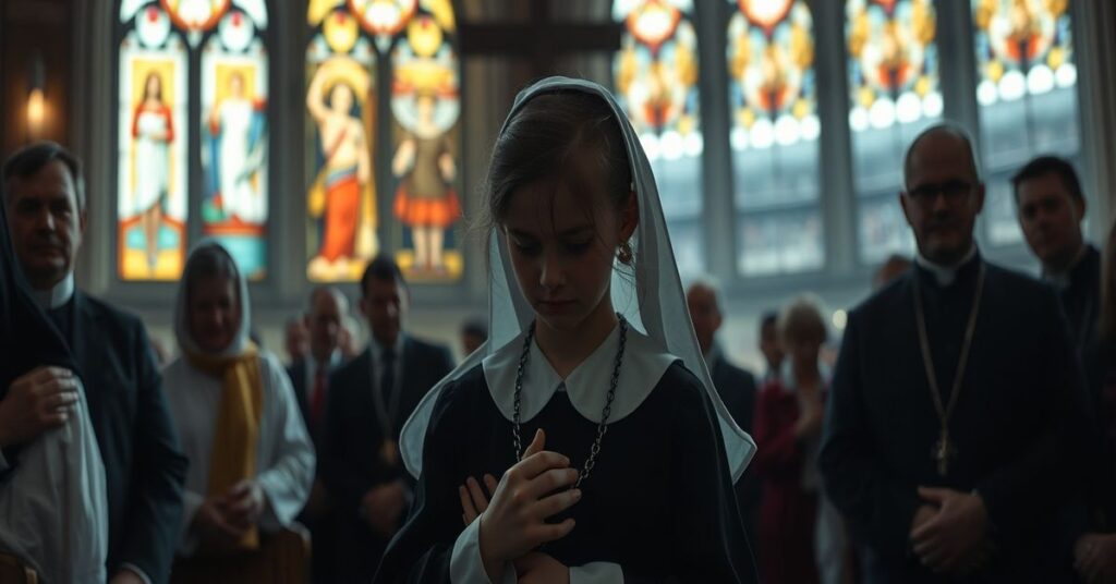 Tradycyjni katolicy modlący się w kościele na tle zapomnianych wartości olimpijskich