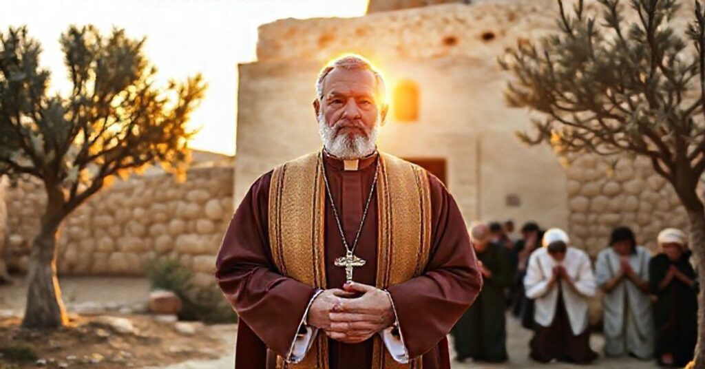 Ksiæż katolicki w tradycyjnych ornamentach modli się przed nielicznymi wiernymi zwiedzającymi kapliczkę w Ziemi Świętej.