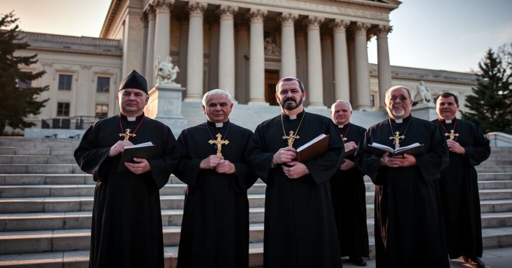 Grupa tradycyjnych katolików w szatach liturgicznych protestuje przed Sądem Najwyższym Kanady przeciwko świeckiej ustawie Bill 21.