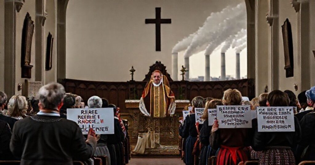 Przedstawienie scene z kościoła katolickiego w Polsce z ołtarzem i księdzem w szatach liturgicznych, w tle protestujący przeciwko dyrektywie RED III.