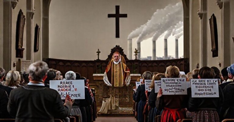 Przedstawienie scene z kościoła katolickiego w Polsce z ołtarzem i księdzem w szatach liturgicznych, w tle protestujący przeciwko dyrektywie RED III.